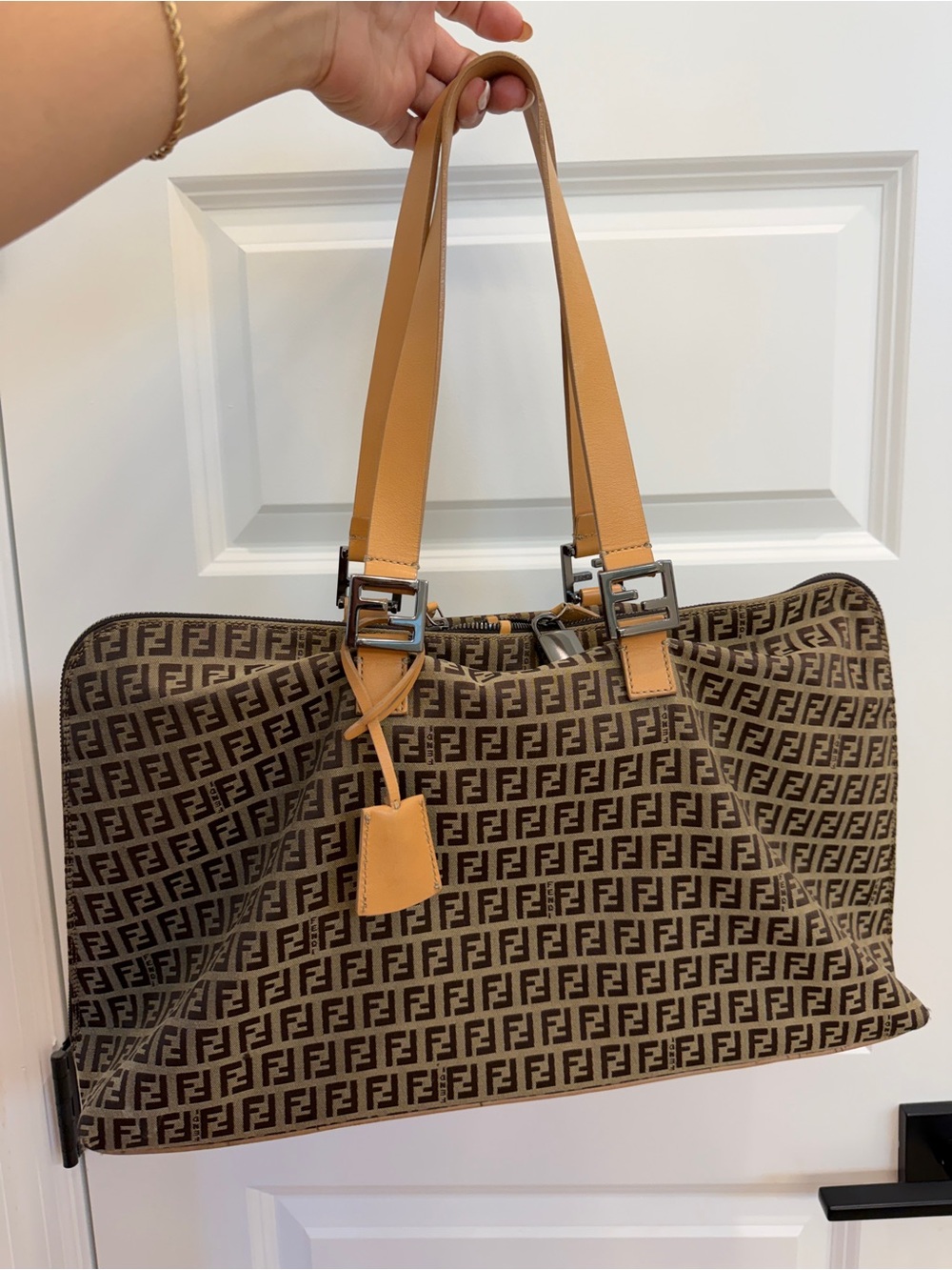 Fendi Brown Zucca Monogram Tote with Tan Leather Straps